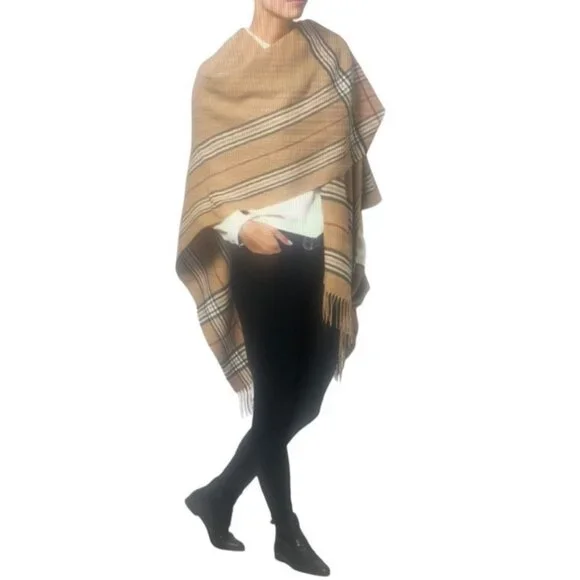 V. FRAAS German Made Camel Plaid Woven Fringe Acrylic Ruana Shawl Wrap- One Size - Picture 5 of 8